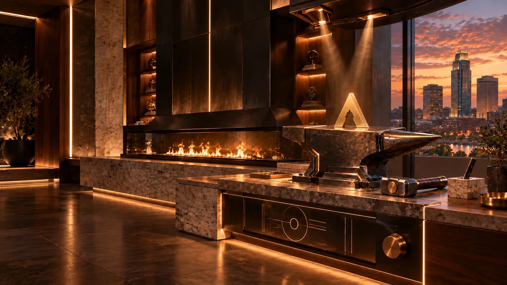 The Archon A on an anvil beside a great hearth, overlooking Omaha.
